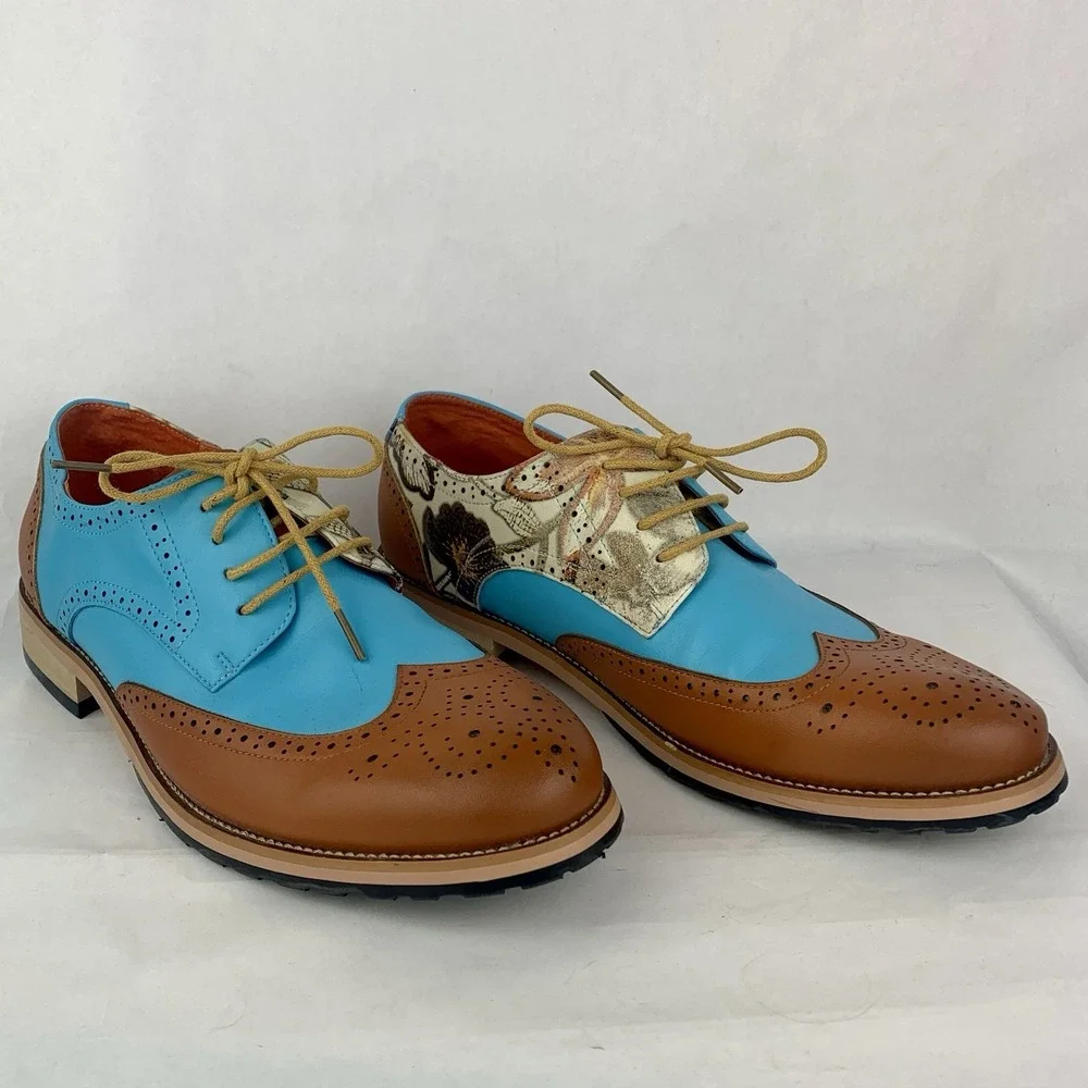 Men's Oxford Wingtip Leather Dress Shoes Baby Blue 2 Tone Floral Sz 10 US 43 EU